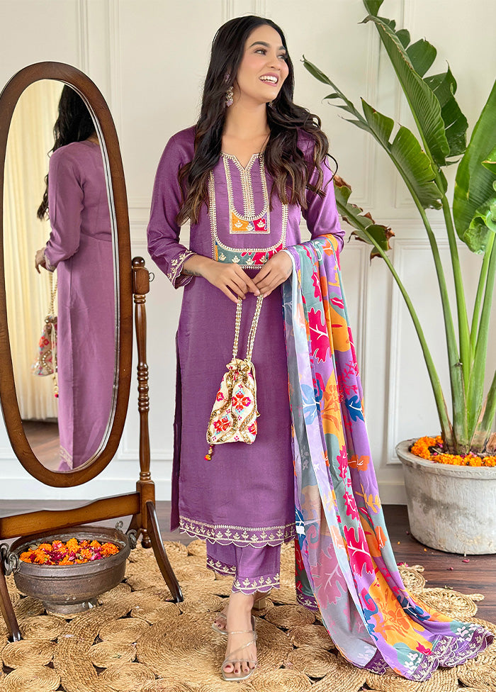 3 Pc Lavender Readymade Viscose Suit Set