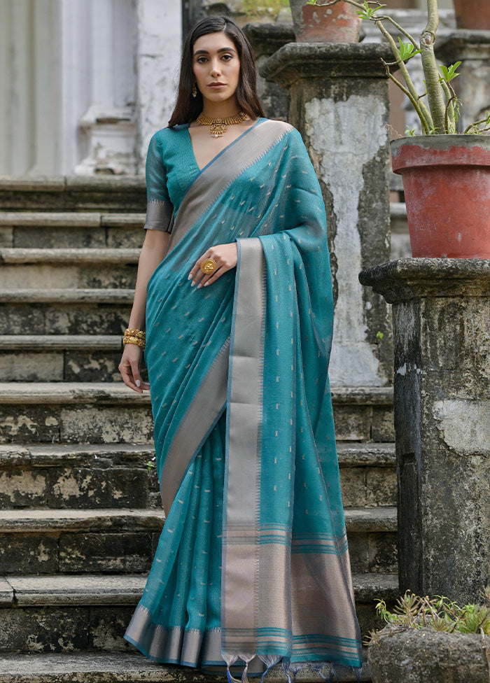 Rama Spun Silk Saree With Blouse Piece