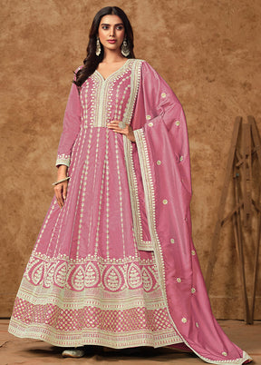 3 Pc Pink Semi Stitched Silk Suit Set