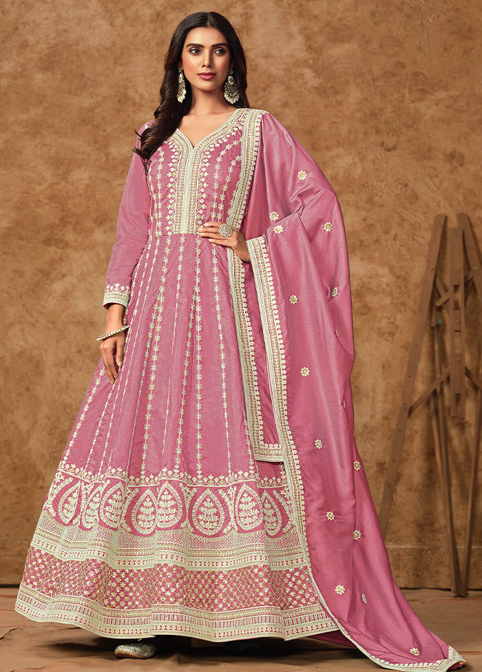 3 Pc Pink Semi Stitched Silk Suit Set