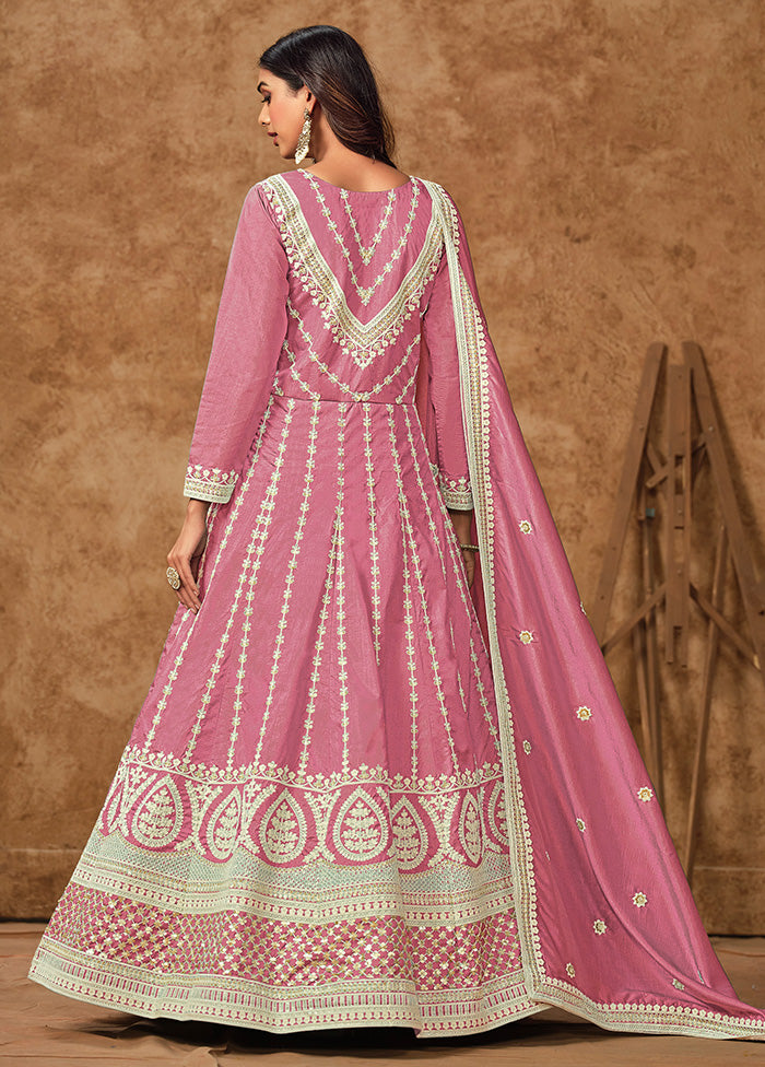 3 Pc Pink Semi Stitched Silk Suit Set