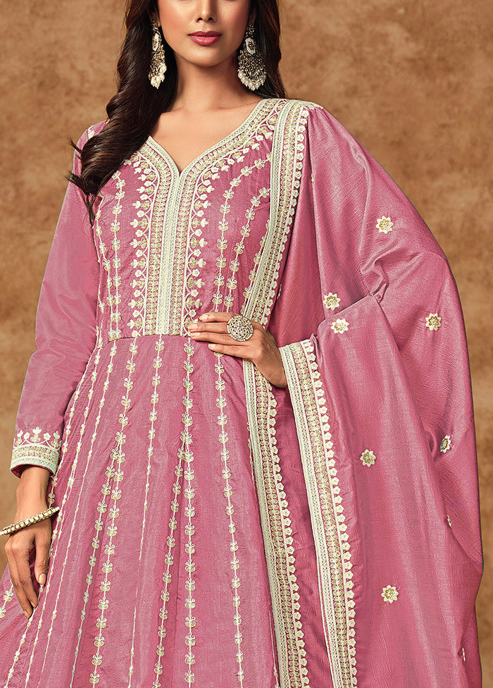 3 Pc Pink Semi Stitched Silk Suit Set