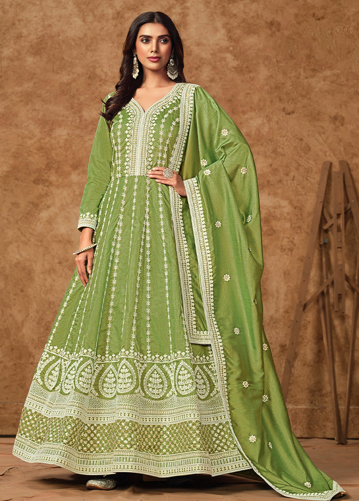 3 Pc Green Semi Stitched Silk Suit Set