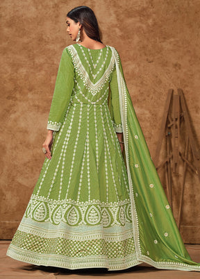 3 Pc Green Semi Stitched Silk Suit Set