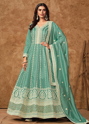 3 Pc Sea Green Semi Stitched Silk Suit Set