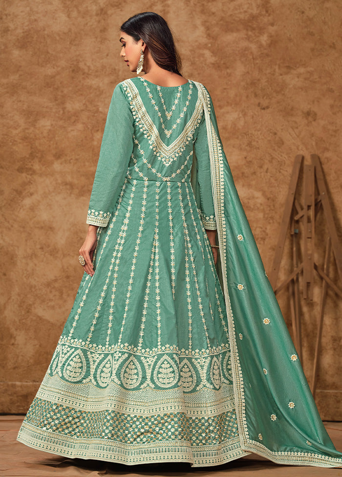 3 Pc Sea Green Semi Stitched Silk Suit Set