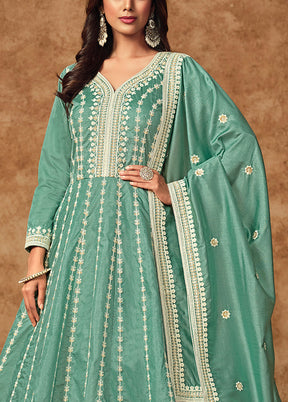 3 Pc Sea Green Semi Stitched Silk Suit Set