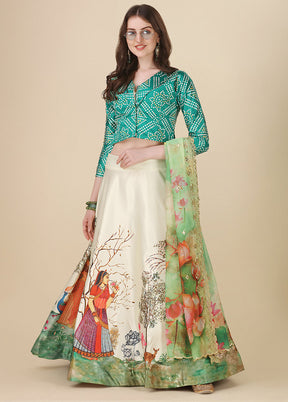 3 Pc Green Silk Semi Stitched Lehenga Set