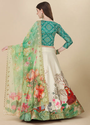 3 Pc Green Silk Semi Stitched Lehenga Set