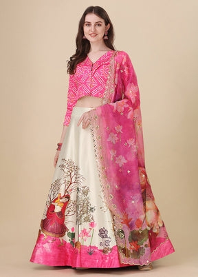 3 Pc Pink Silk Semi Stitched Lehenga Set