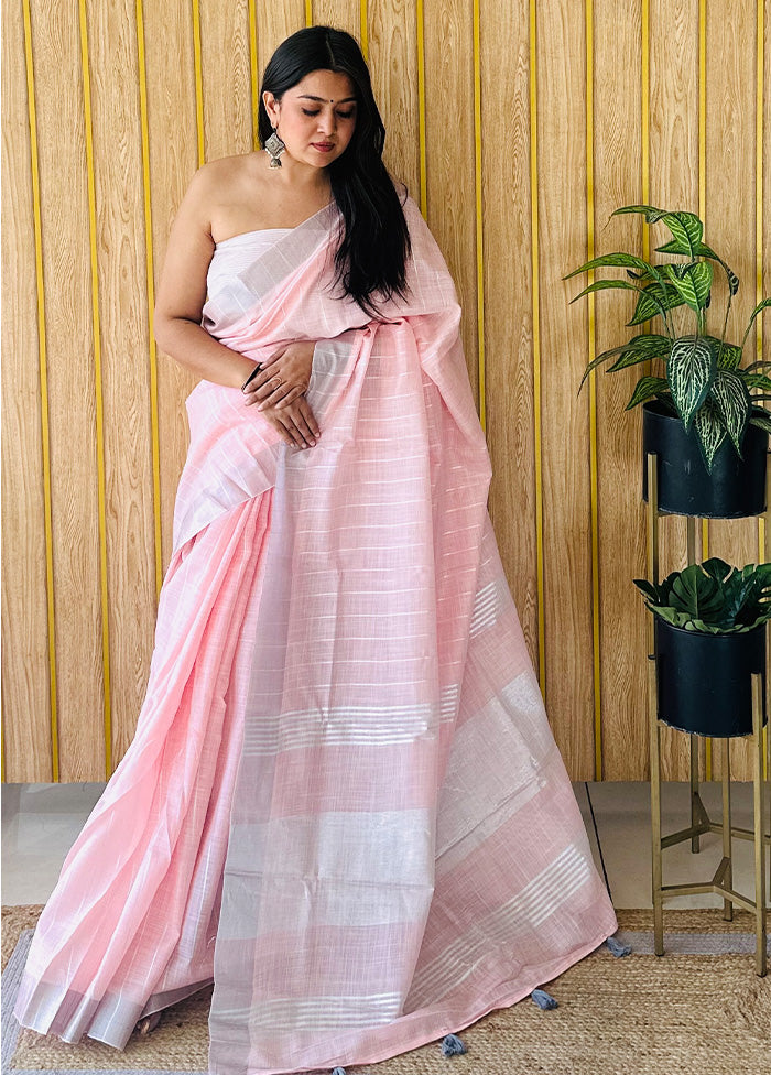 Pink Linen Silk Saree With Blouse Piece