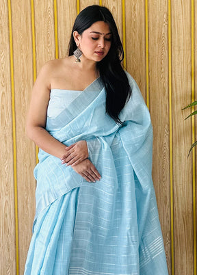 Sky Blue Linen Silk Saree With Blouse Piece