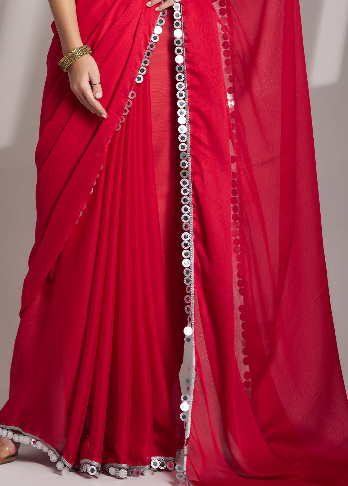 Red Satin Silk Saree With Blouse Piece