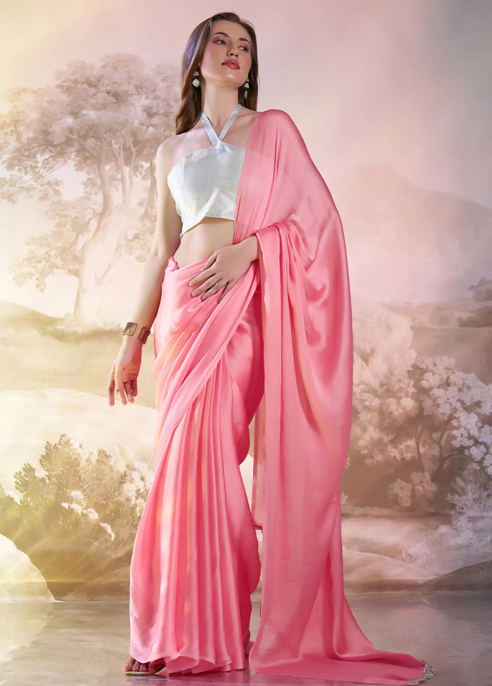 Pink Satin Silk Saree With Blouse Piece