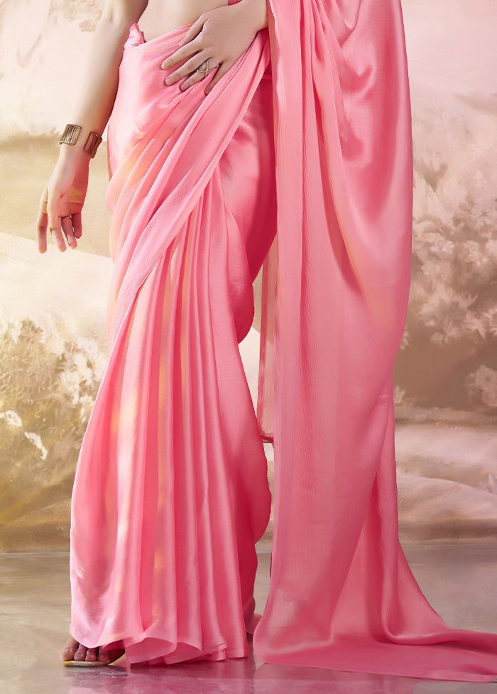 Pink Satin Silk Saree With Blouse Piece