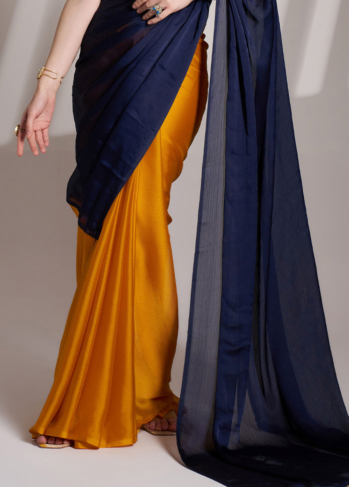 Blue Satin Silk Saree With Blouse Piece