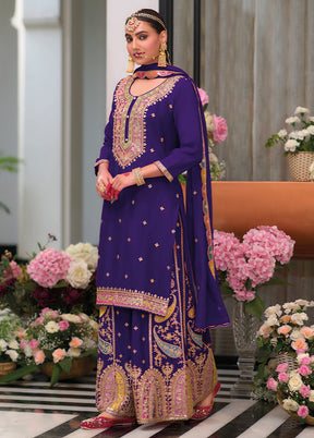 3 Pc Purple Semi Stitched Silk Suit Set