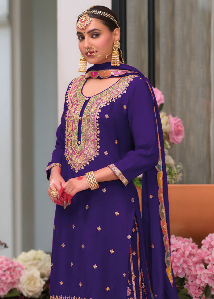 3 Pc Purple Semi Stitched Silk Suit Set