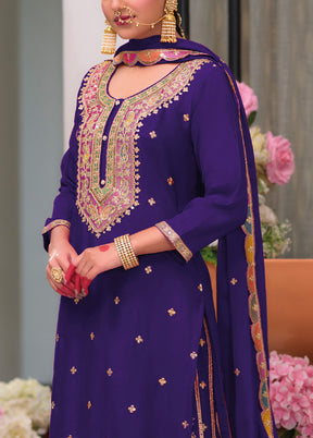 3 Pc Purple Semi Stitched Silk Suit Set