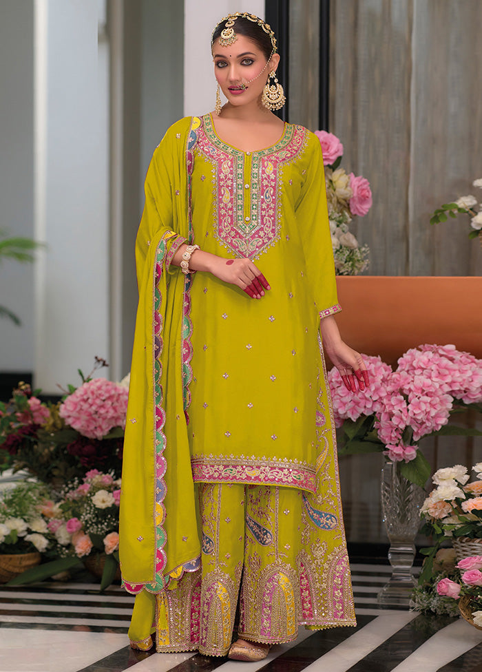 3 Pc Lemon Semi Stitched Silk Suit Set