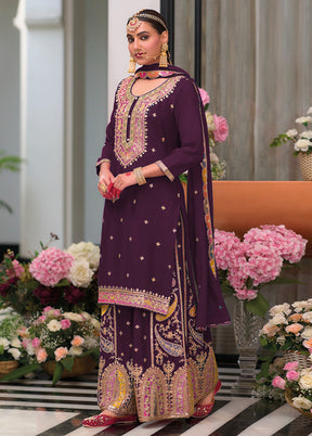 3 Pc Wine Semi Stitched Silk Suit Set