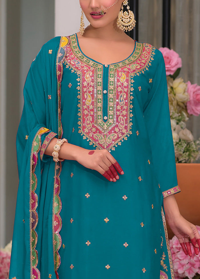 3 Pc Rama Green Semi Stitched Silk Suit Set