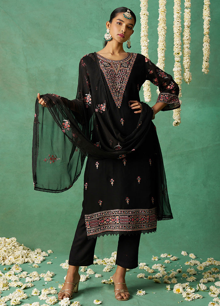 3 Pc Black Semi Stitched Silk Suit Set