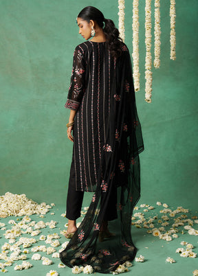 3 Pc Black Semi Stitched Silk Suit Set