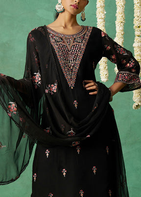 3 Pc Black Semi Stitched Silk Suit Set