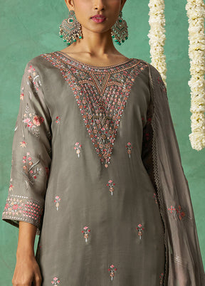 3 Pc Grey Semi Stitched Silk Suit Set