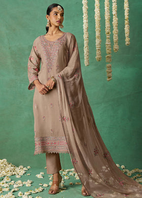 3 Pc Beige Semi Stitched Silk Suit Set