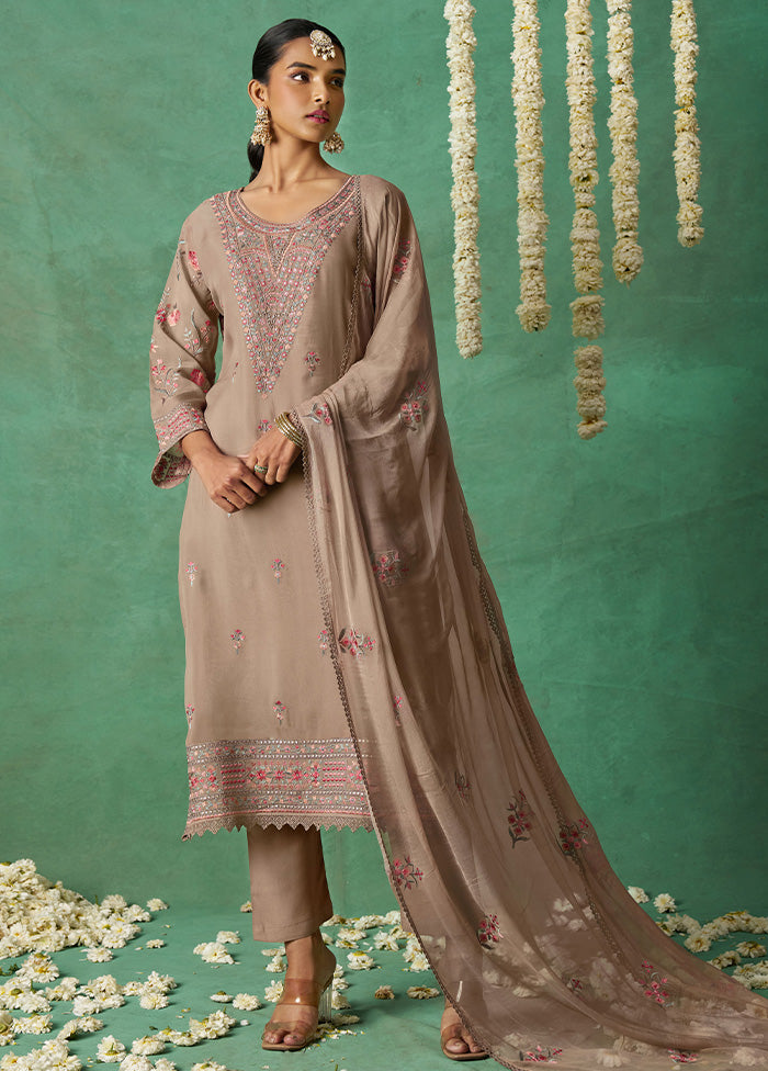 3 Pc Beige Semi Stitched Silk Suit Set