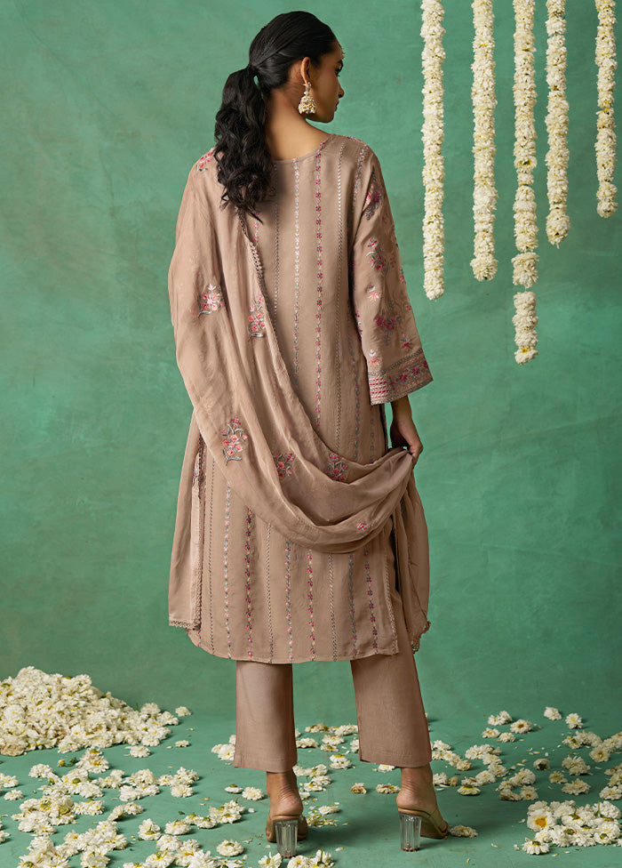 3 Pc Beige Semi Stitched Silk Suit Set