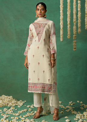 3 Pc Off White Semi Stitched Silk Suit Set