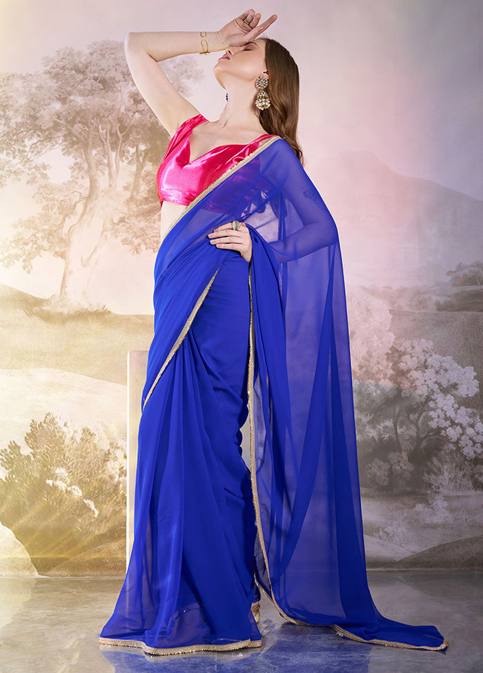 Blue Chiffon Silk Saree With Blouse Piece