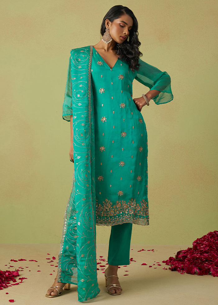 3 Pc Sea Green Semi Stitched Silk Suit Set