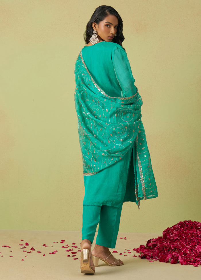 3 Pc Sea Green Semi Stitched Silk Suit Set