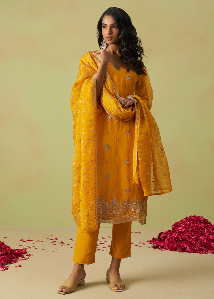 3 Pc Yellow Semi Stitched Silk Suit Set