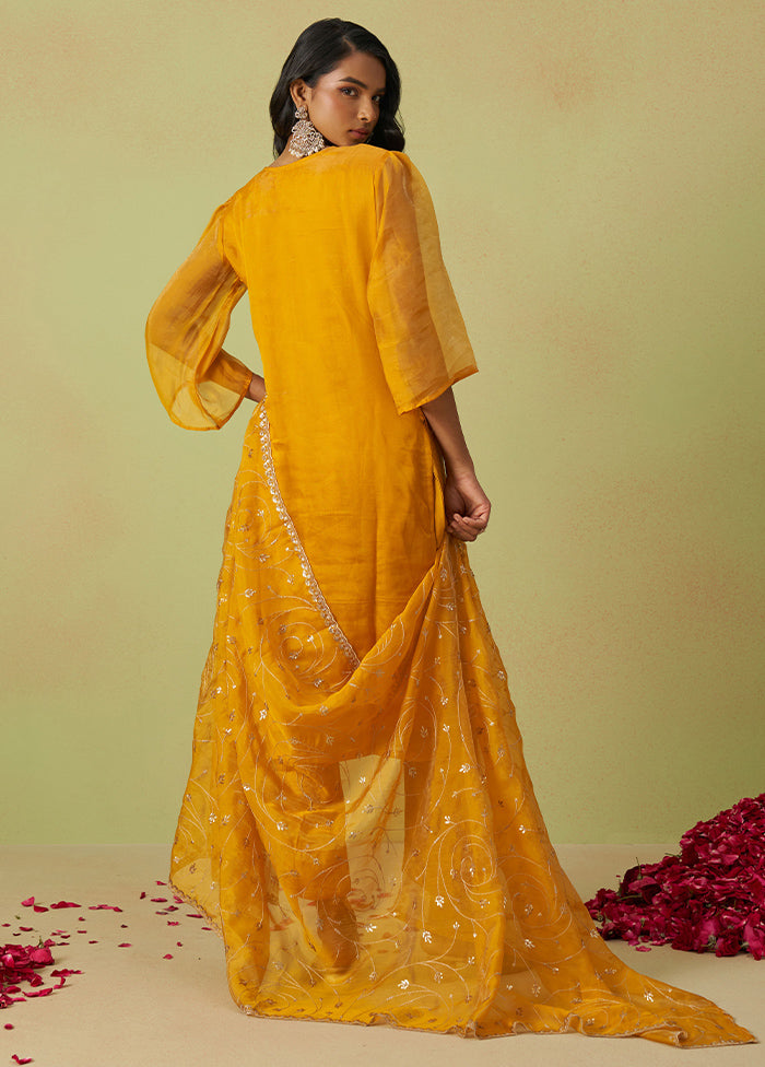 3 Pc Yellow Semi Stitched Silk Suit Set