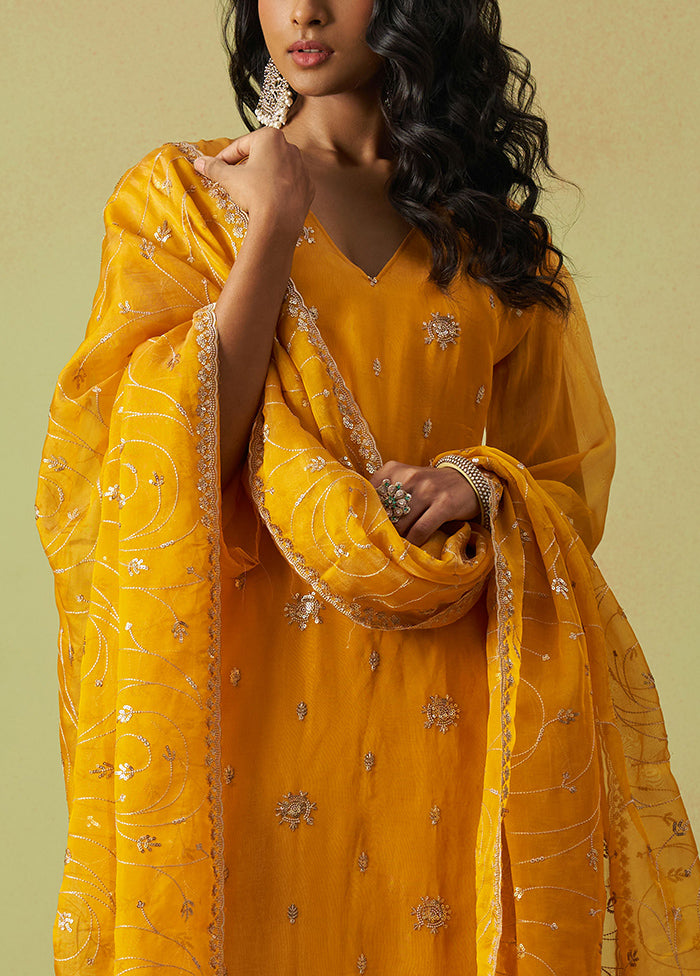 3 Pc Yellow Semi Stitched Silk Suit Set