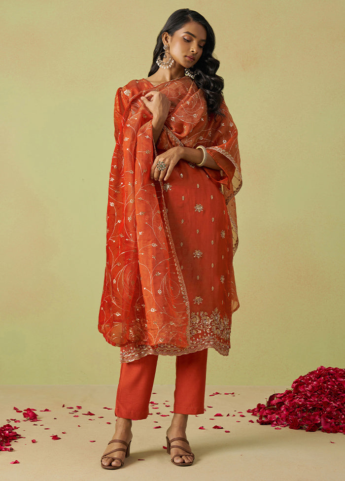 3 Pc Rust Semi Stitched Silk Suit Set