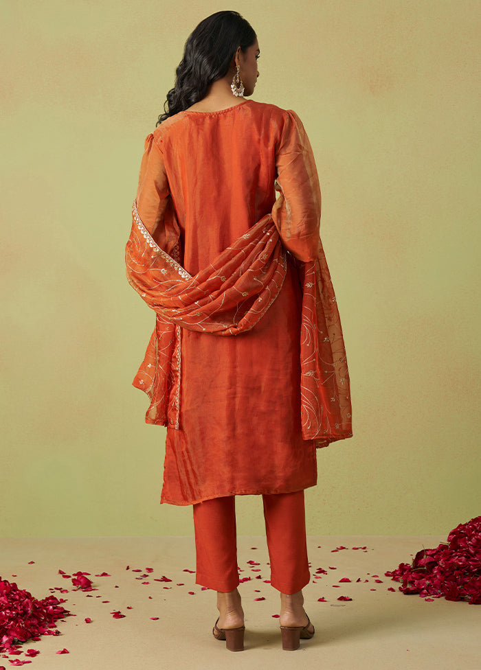 3 Pc Rust Semi Stitched Silk Suit Set