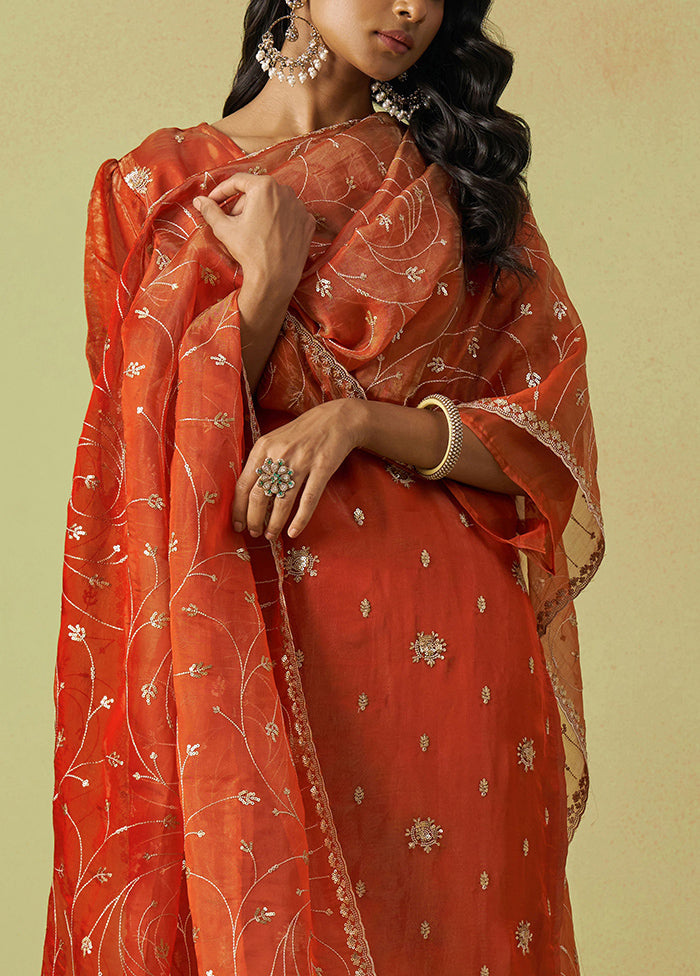 3 Pc Rust Semi Stitched Silk Suit Set