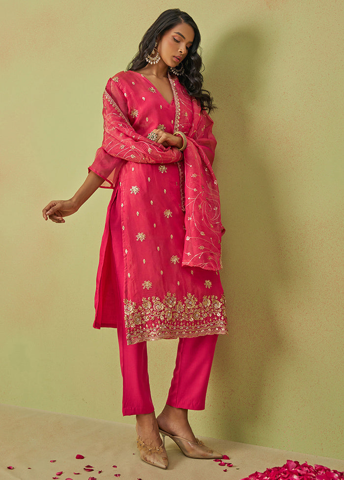 3 Pc Pink Semi Stitched Silk Suit Set