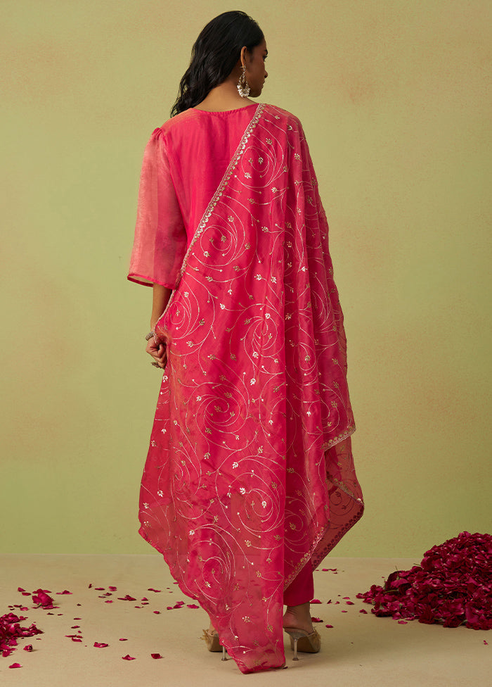 3 Pc Pink Semi Stitched Silk Suit Set