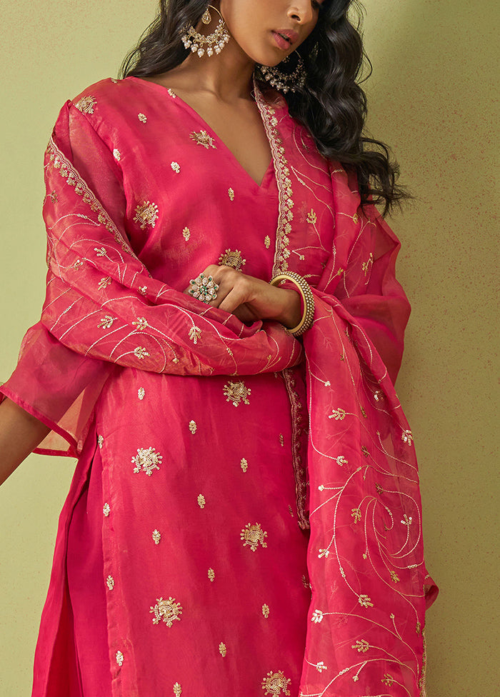 3 Pc Pink Semi Stitched Silk Suit Set