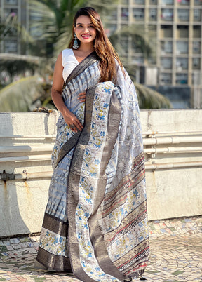 Grey Chanderi Silk Saree With Blouse Piece