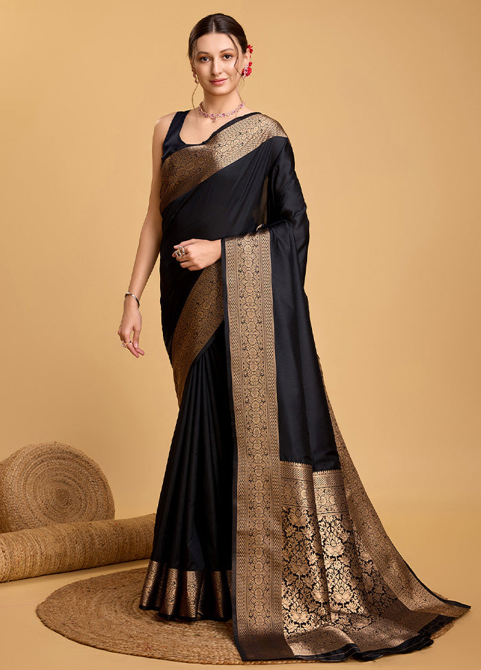 Black Spun Silk Saree With Blouse Piece