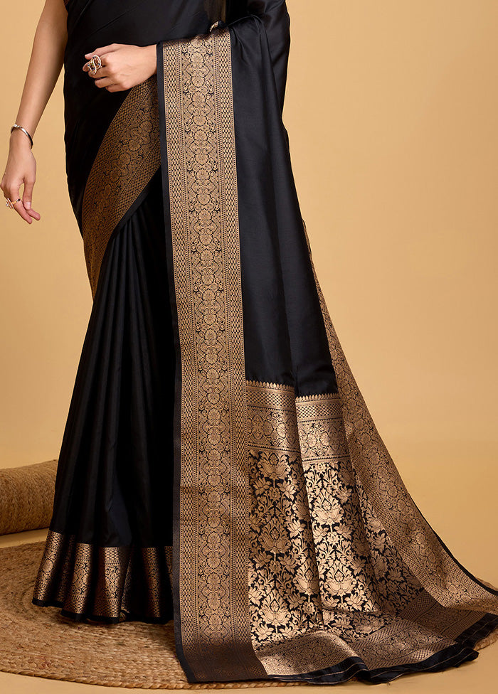 Black Spun Silk Saree With Blouse Piece