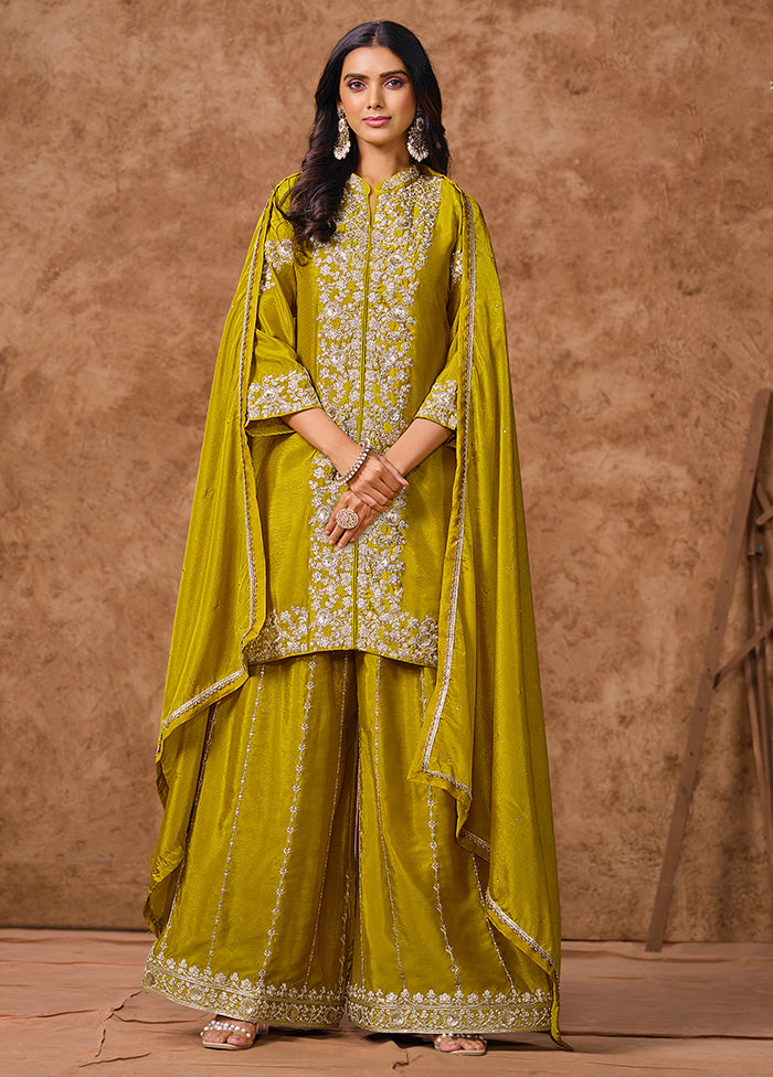 3 Pc Olive Green Semi Stitched Silk Suit Set